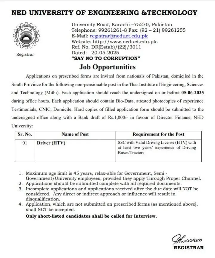 NED University Karachi Jobs 2025—Apply Now for Driver Vacancies